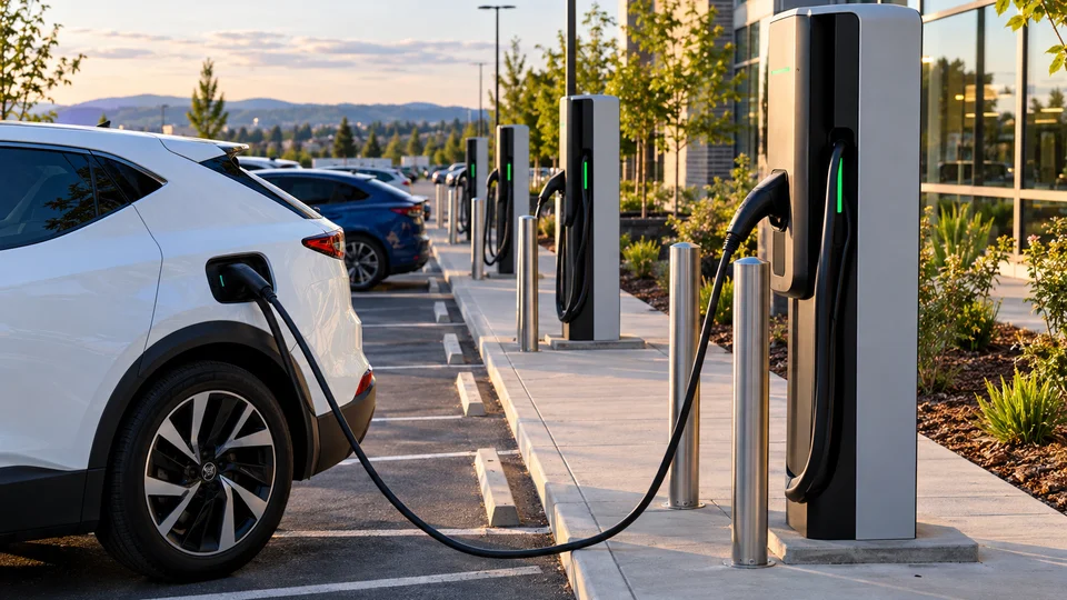 Electric vehicle charging station mounted on central residential garage wall in Spokane