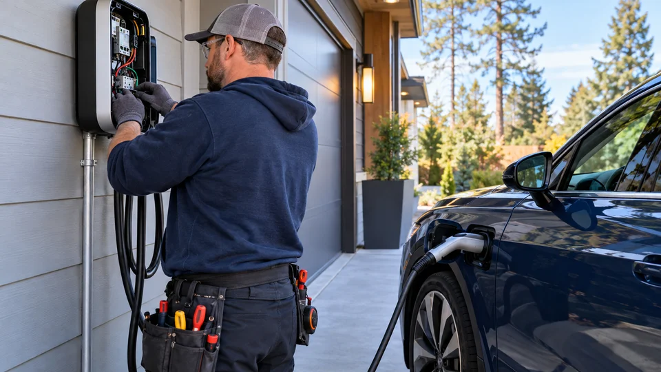 Licensed electrician upgrading residential electrical panel for EV charging in Spokane WA