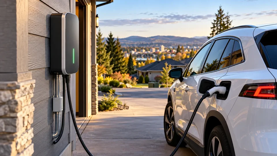 Solar Powered EV Charger Installation in Spokane WA with Rooftop Solar Panels and Level 2 Charger